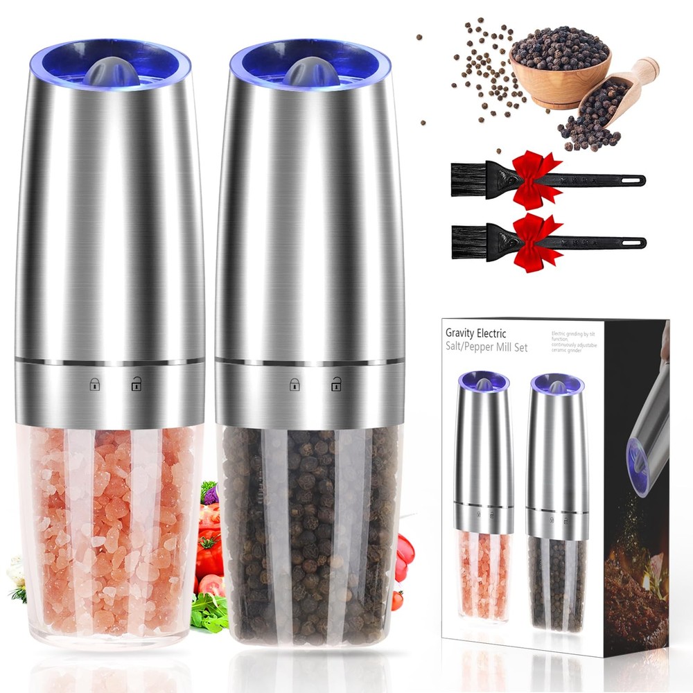 Gravity Electric Salt and Pepper Grinder Set Adjustable Coarseness 2 Pack
