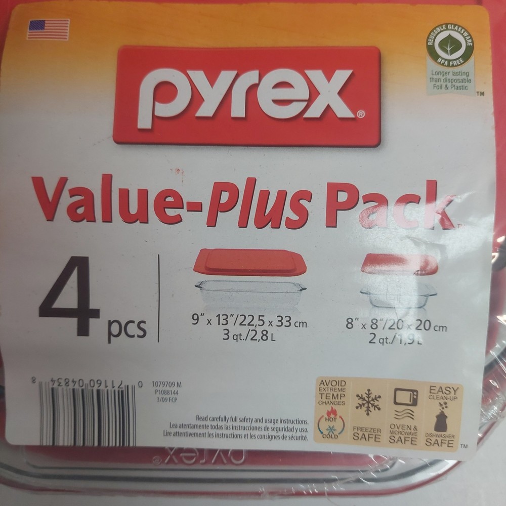 Pyrex Value Plus Pack 4pc Oven & Microwave Safe w Lids-New Sealed