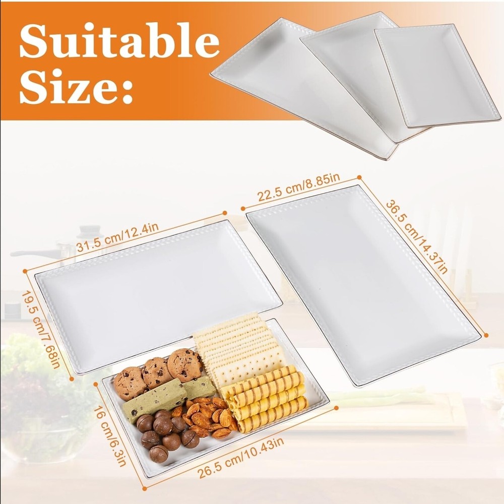 Ceramic Serving Platter Set | 14”/12”/10” Rectangular Serving Trays for Enter...