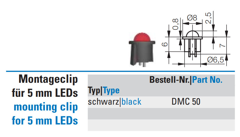 [12x] DMC50 LED Socket Plastic Fits Ø 5mm LEDs (SnapIn)