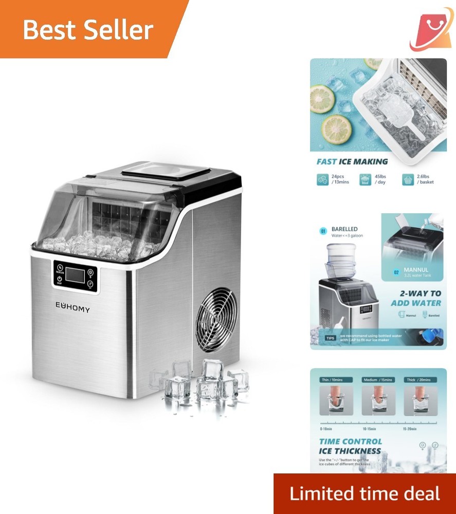 Ice Cube Maker Machine Countertop Portable 45Lbs/Day Self-Cleaning Compact