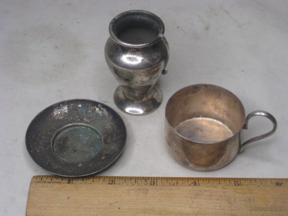 3 * as-is small silver-plated items *damaged mini vase dish handled 90 Brazil