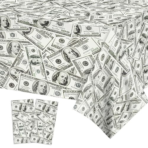 2 PCS Dollar Party Tablecloths, 87" Lx51 W Rectangular Plastic Table Covers,