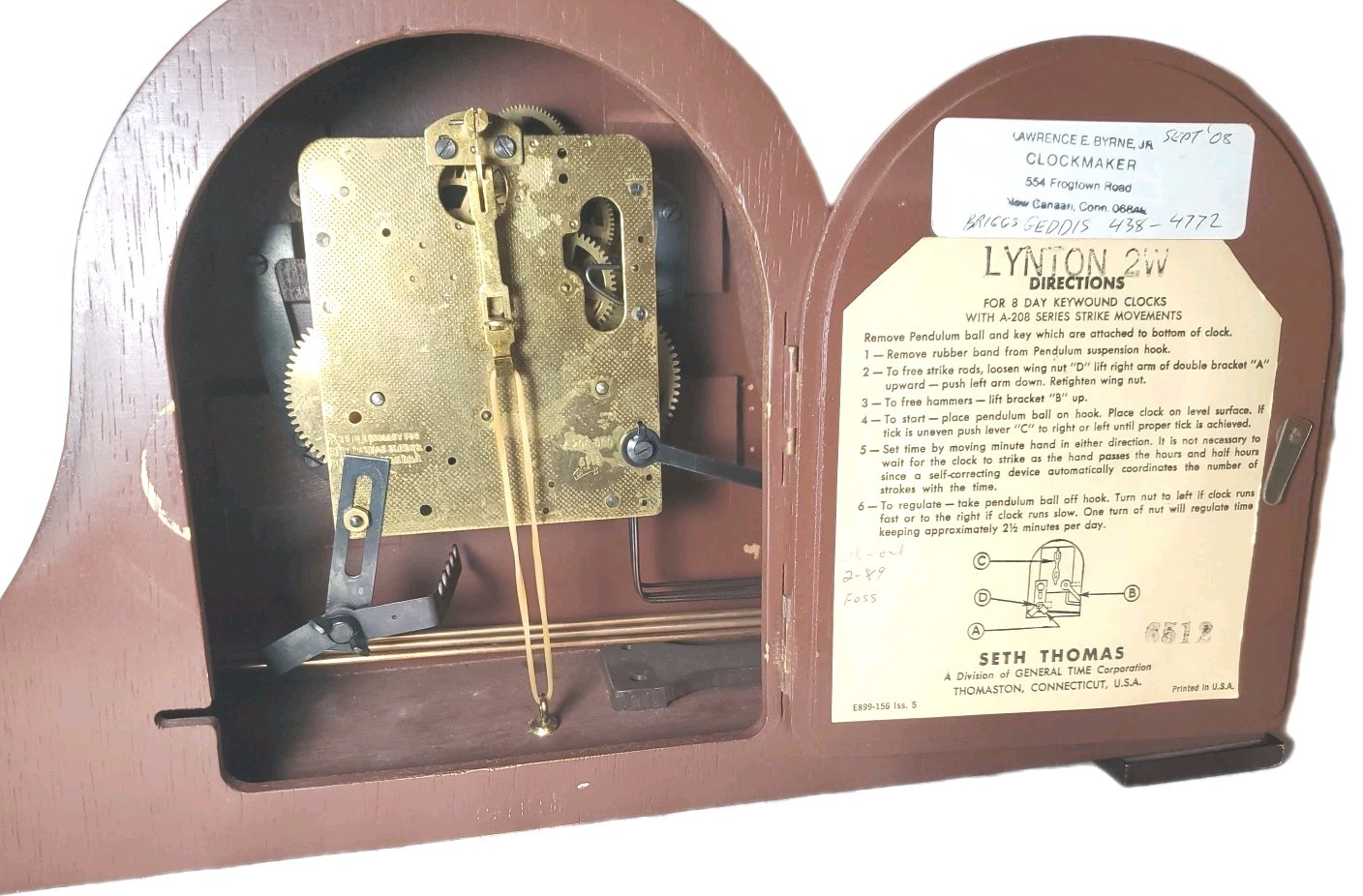 Seth Thomas Lynton 2W 8 Day Mantel Clock Triple Hammer Strike A‑208 Series