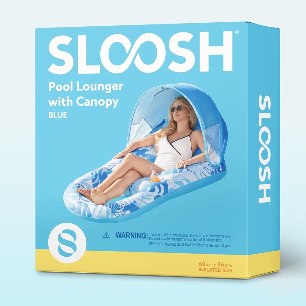 Inflatable Pool Float Lounger with Canopy Blue 60"x36" Cup Holders