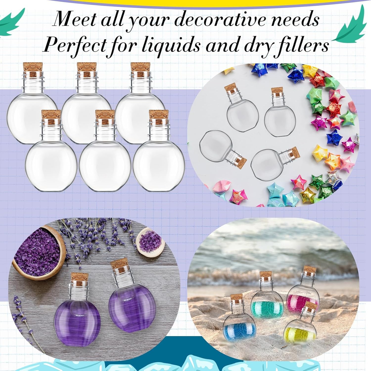 25 Pack 1oz Plastic Mini Potion Bottles with Corks Spherical Small