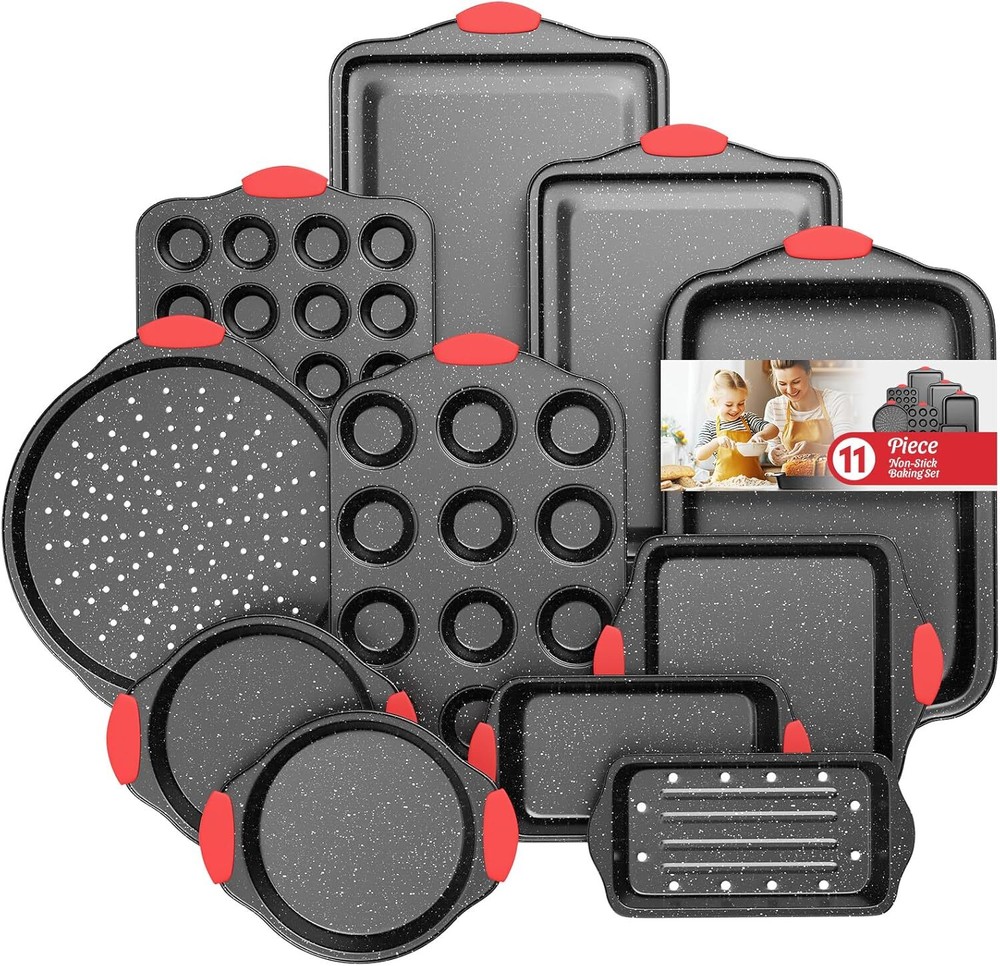 11-Piece Nonstick Baking Pan Set, Stackable,with Silicone Handles, Red and Black