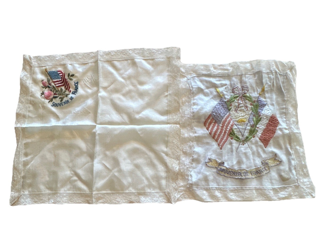 WWI Souvenir De France Embroidered Silk Handkerchief Lot of 2 1914-1919 As