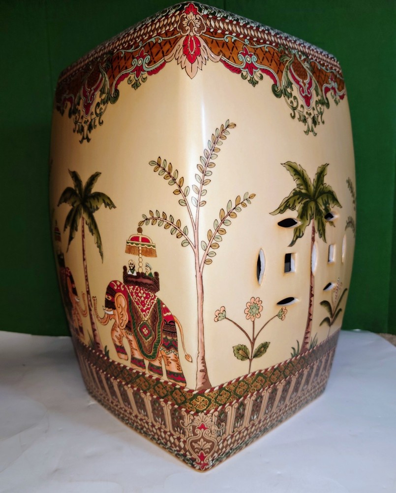 Vtg Ceramic Elephant, Palm Trees, Drum Stool, Impressed/Embossed Pattern. 17"H.