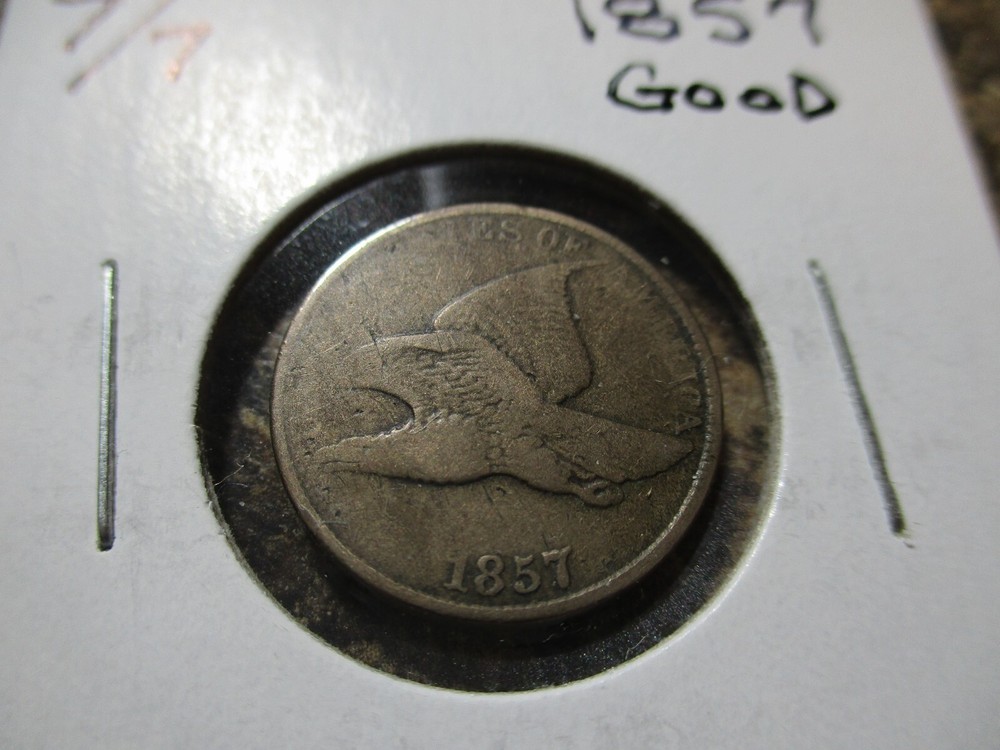 1857 FLYING EAGLE CENT REPUNCHED DATE 7 OVER 7 GOOD XX17