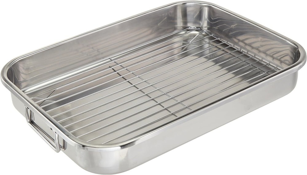 New Rectangular Baking Roasting Pan Rack Serving Dish, Polished Stainless Steel