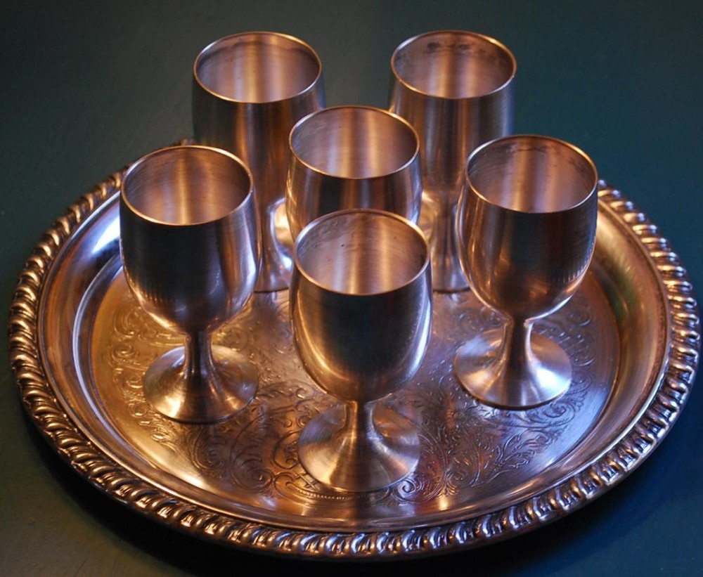 TOASTING SET Vintage LEONARD SILVERPLATE 'EPNS' Cordial Goblet 6 Cups & 1 Tray