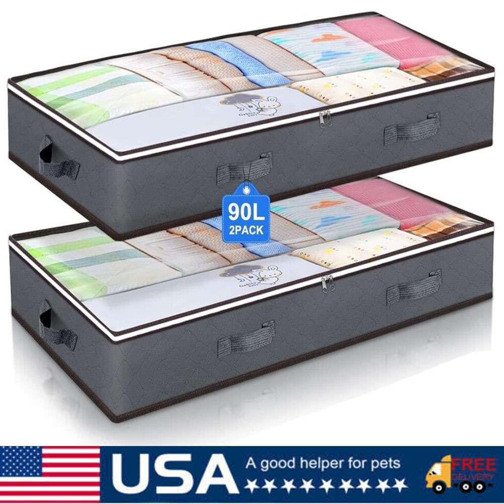 2 Pack Flexible Zippered Under Bed Storage Bag Large Underbed Clothes Storage US