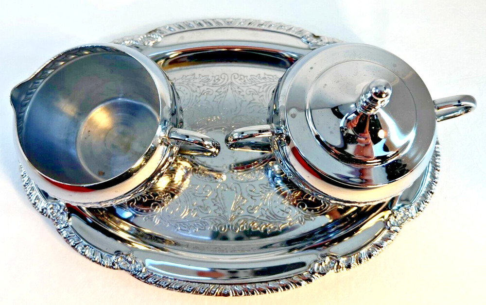Irvinware Tray With Scrollwork Lidded Sugar Bowl and Creamer