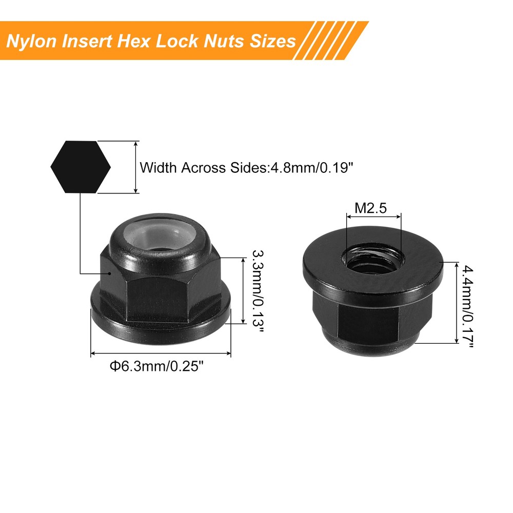 Nylon Insert Hex Lock Nuts, 20pcs - M2.5x0.45mm Self-Locking Nut(Black)