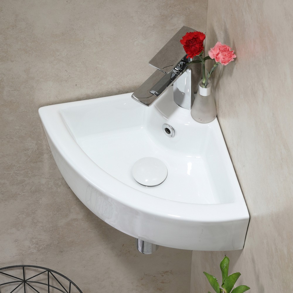 Modern Small Wall Mounted Corner Bathroom Sink with Overflow White Triangle
