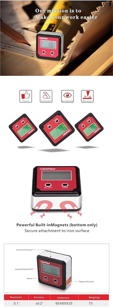GemRed 82412 Digital Angle Gauge (Green Backlight)