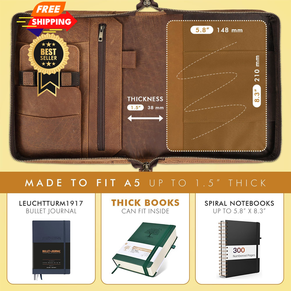 ELIZO Leather A5 Portfolio Padfolio Folio Notebook Journal A5, Saddle