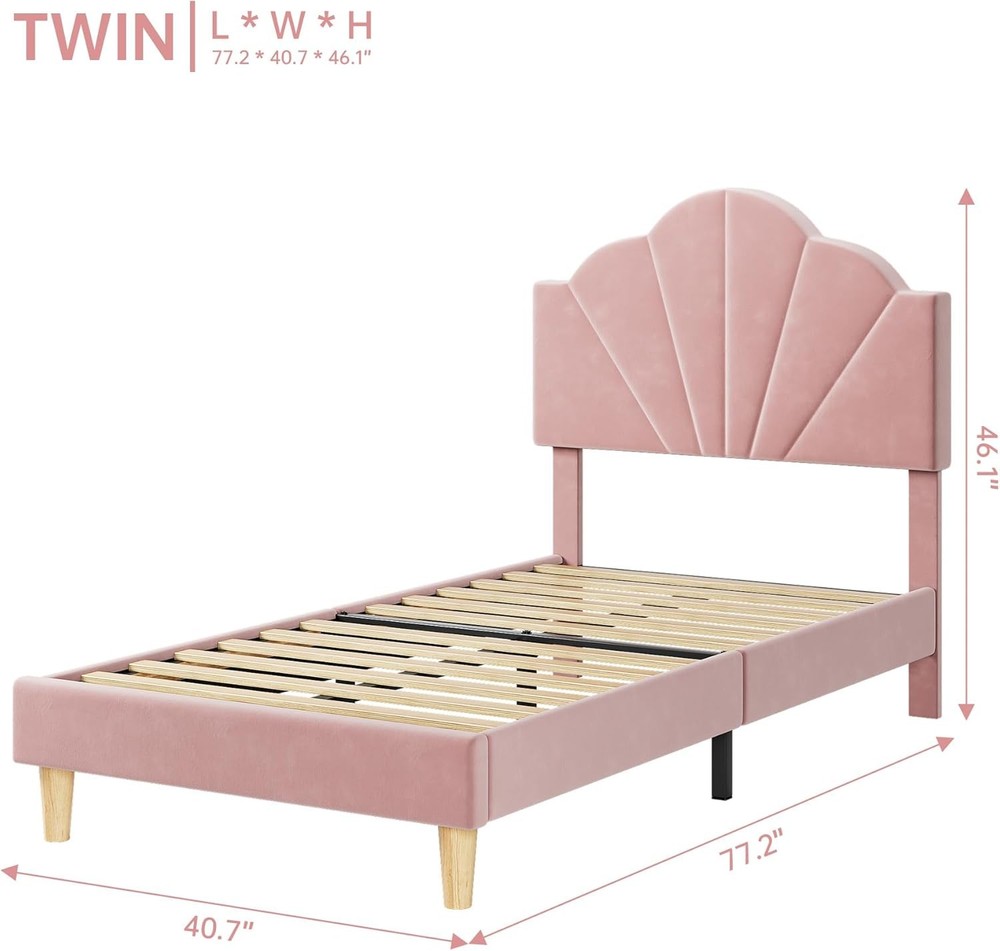 Pink Twin Bed Frame Velvet Upholstered Platform Bed Frame Adjustable Headboard