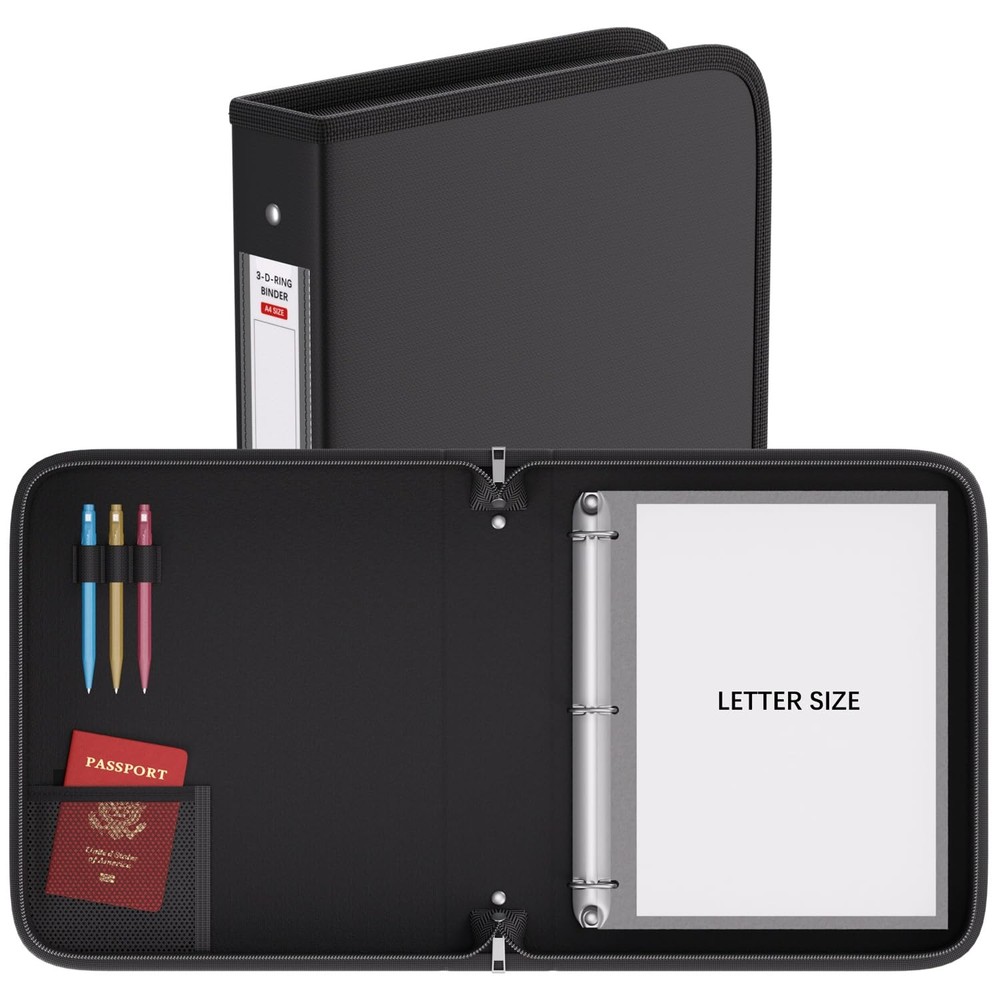 Fireproof Binder with Zipper 1.5 In D Ring Black for Document Storage