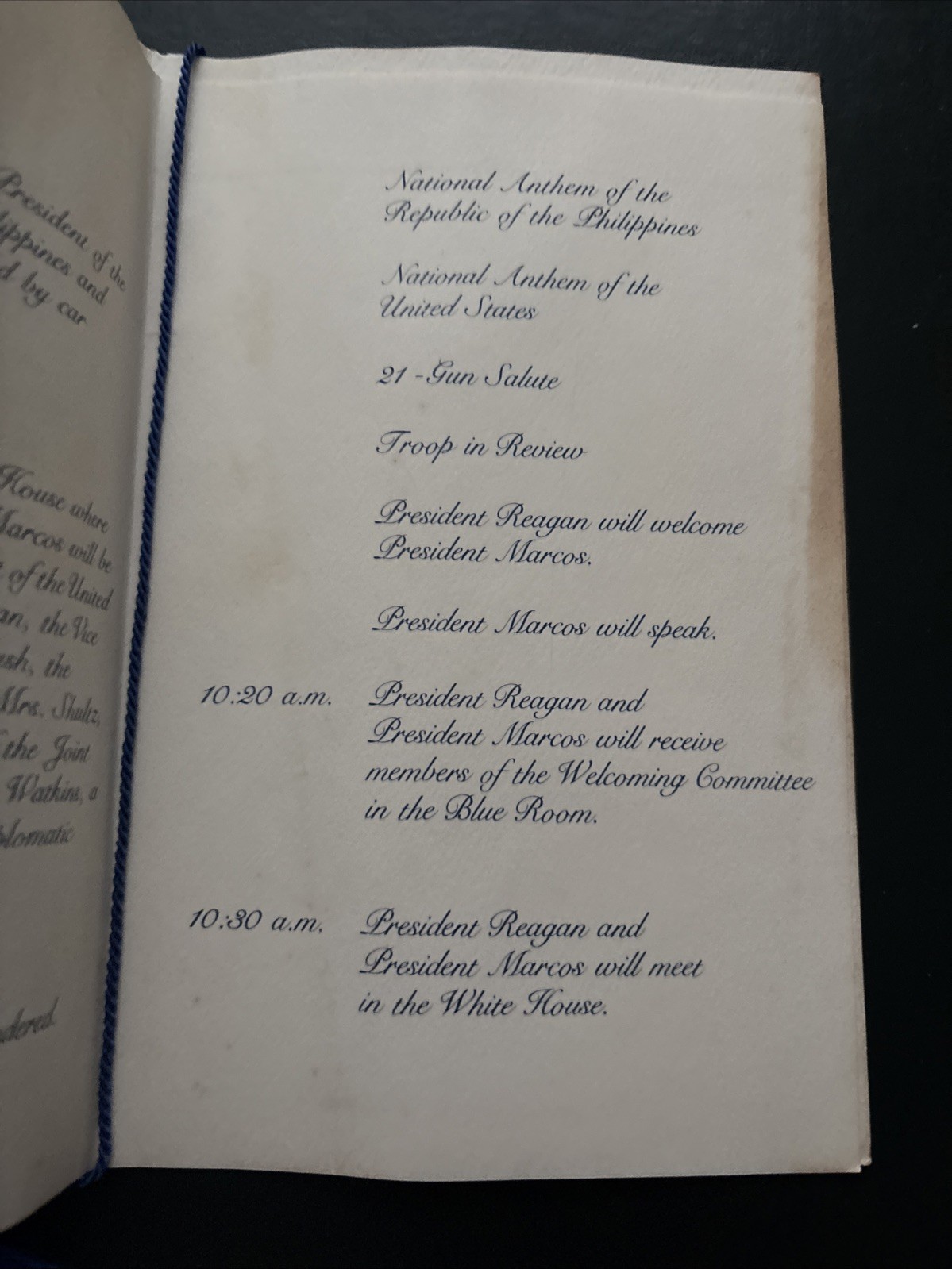 1982 Ronald Reagan White House Arrival Ceremony Program President of Philippines