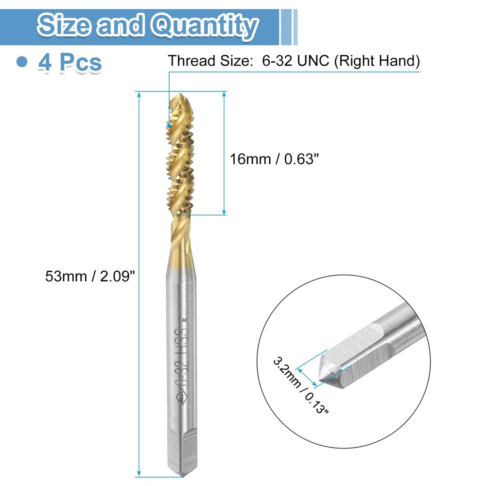 4pcs Spiral Flute Thread Taps 6-32 UNC Titanium Coated Screw Threading Tools