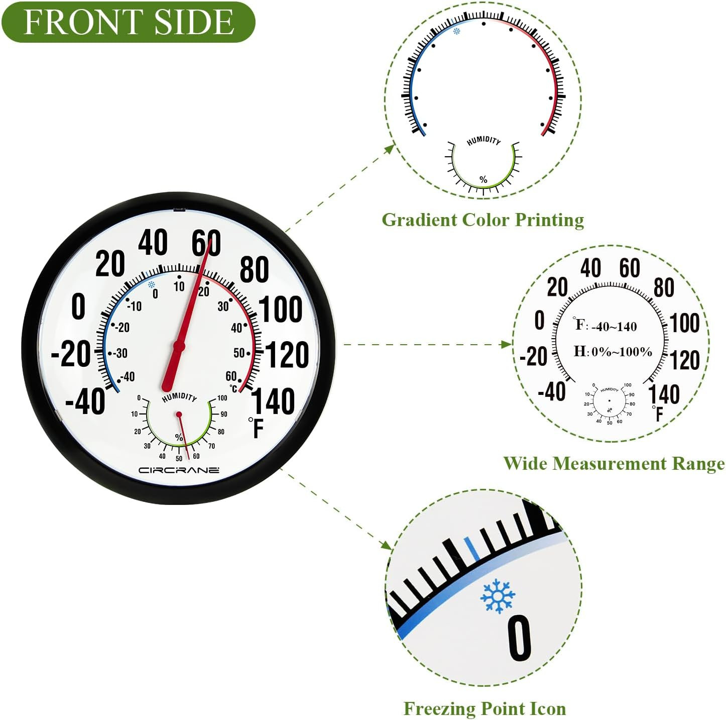 13.25 Inch round Thermometer with Hygrometer, Large Indoor Wall Patio Bimetal We