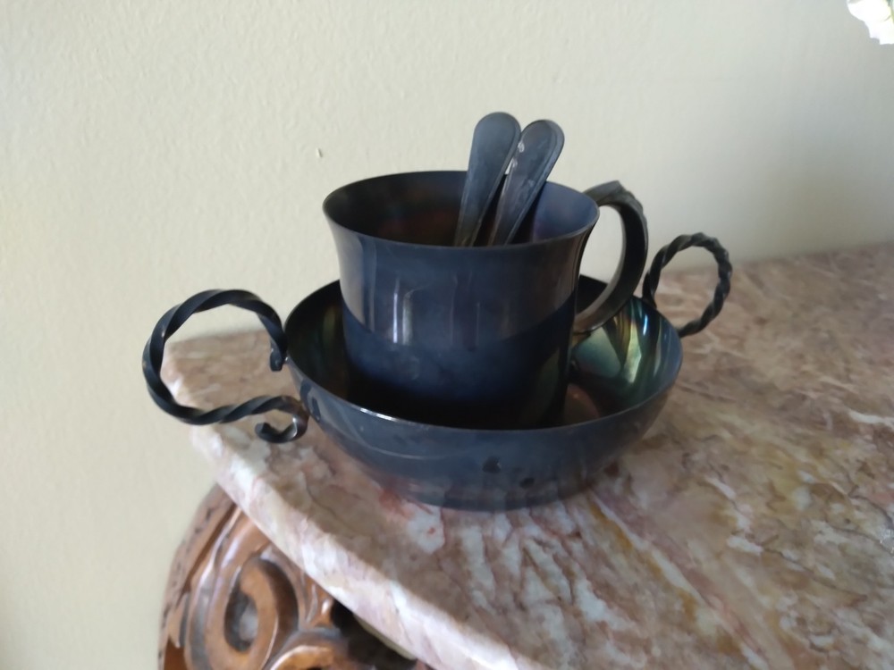 LUNT Silverplate Child's Handled Bowl, Cup, Spoon & Fork Set