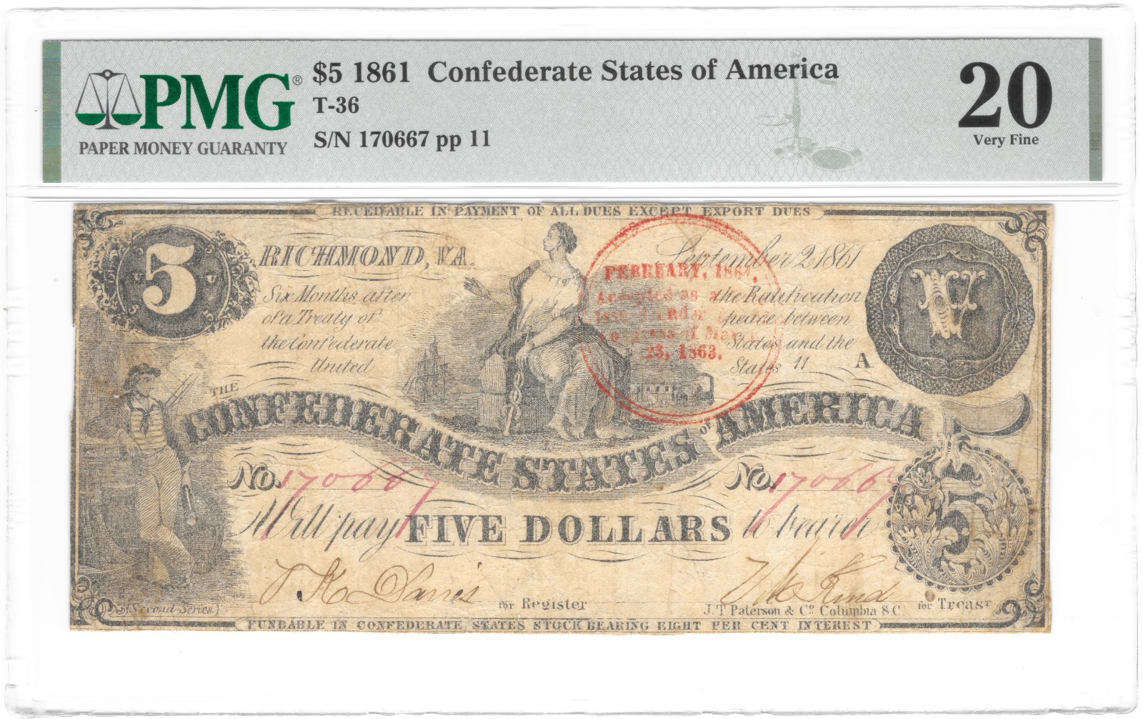 Rare T-36 $5 1861 w/ Red Trans-Mississippi Stamp Confederate PF-4 PMG VF 20 Note