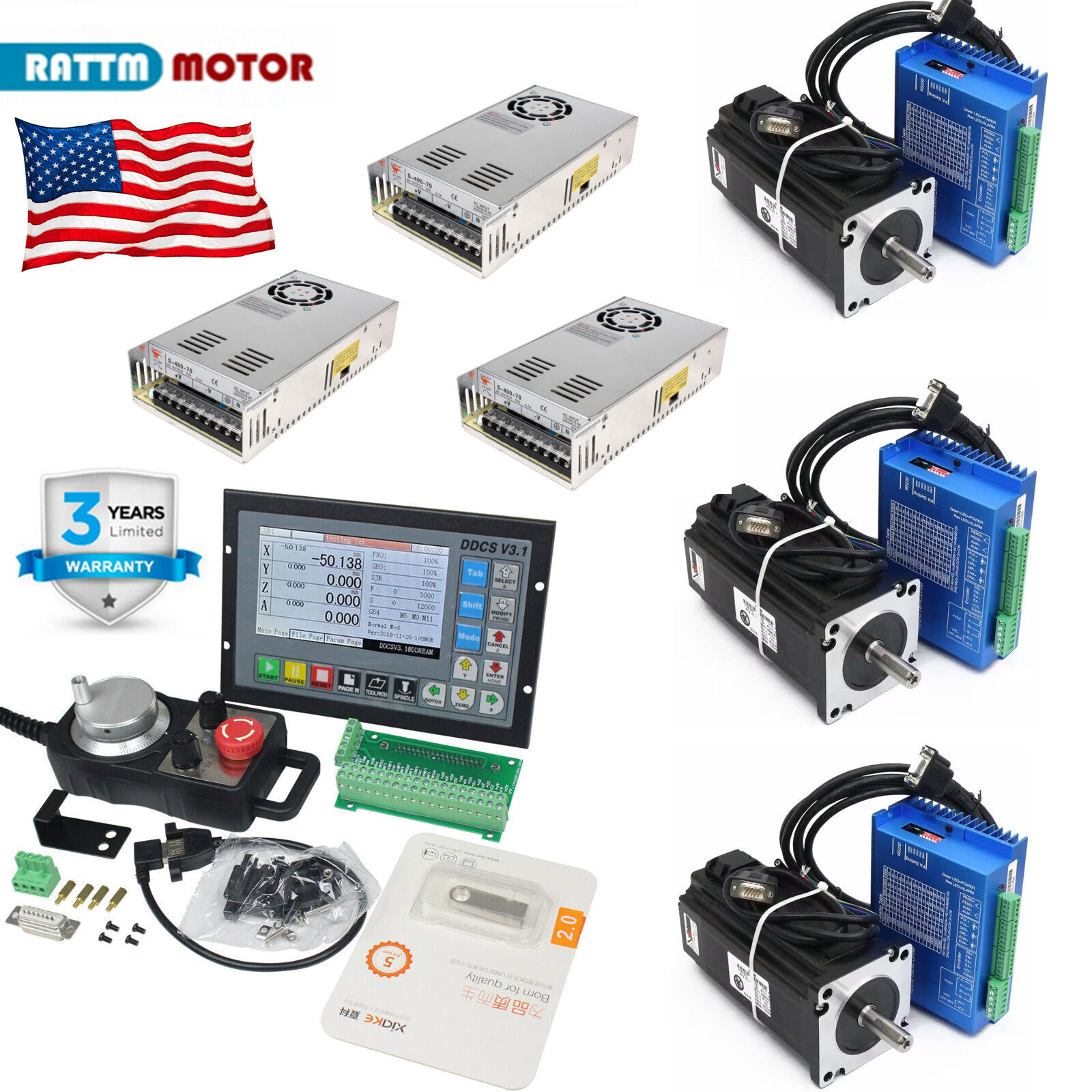 US丨3Axis 12N.m Nema 34 Closed Loop Servo Stepper Motor Driver CNC Controller Kit