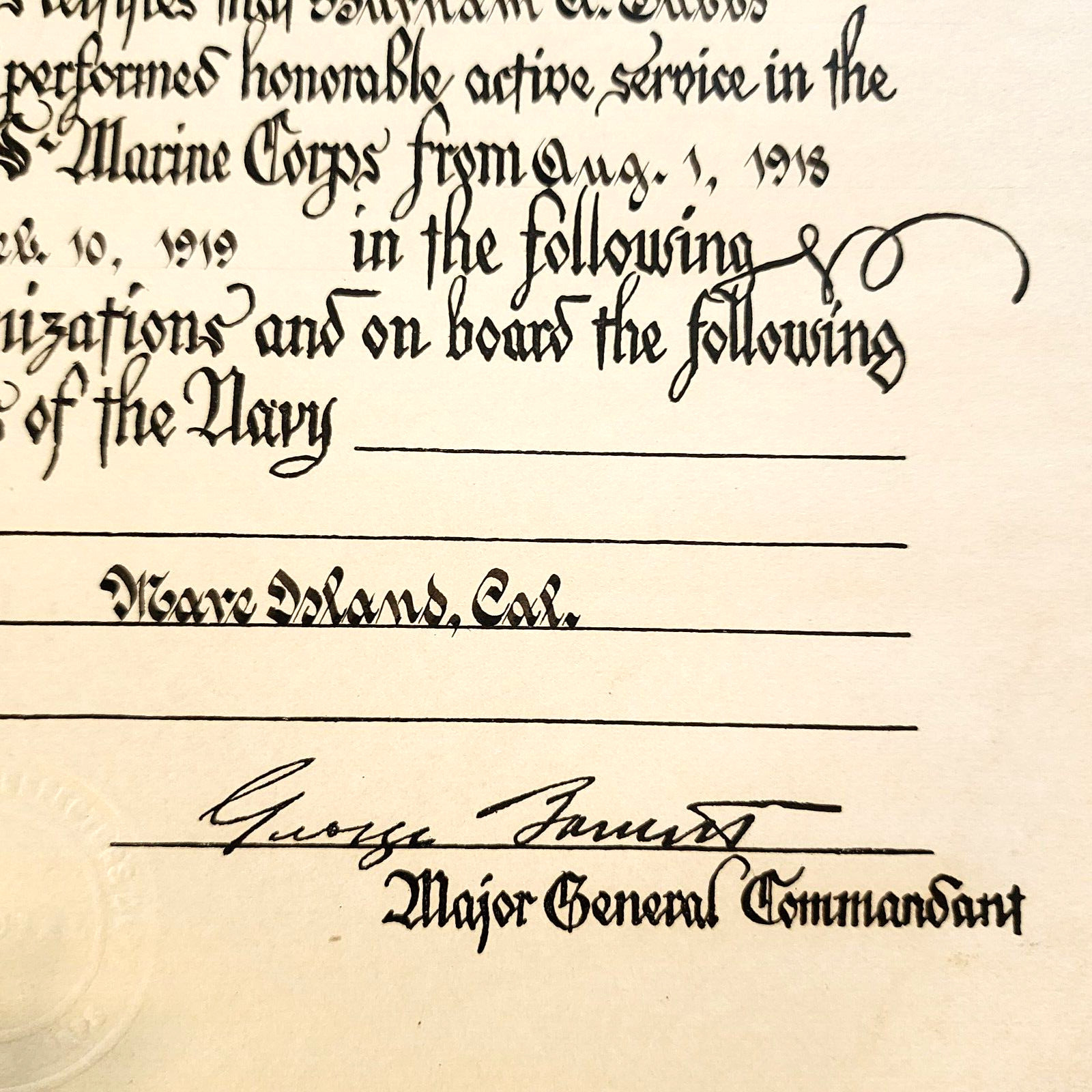 WWI 1919 U.S. MARINE CORPS USMC SERVICE CERTIFICATE