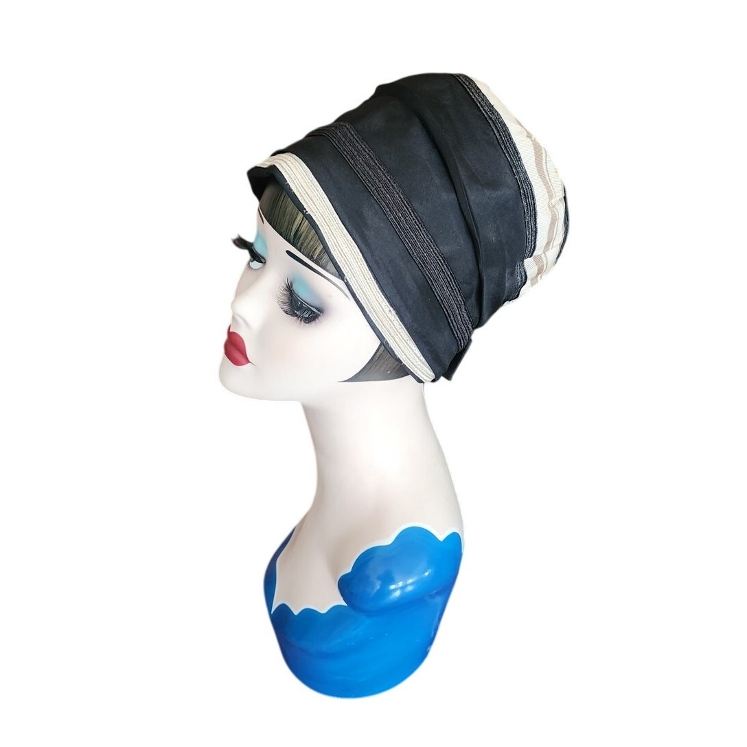 Vintage 20s Cloche Hat Black Beige Silk Tall Toque