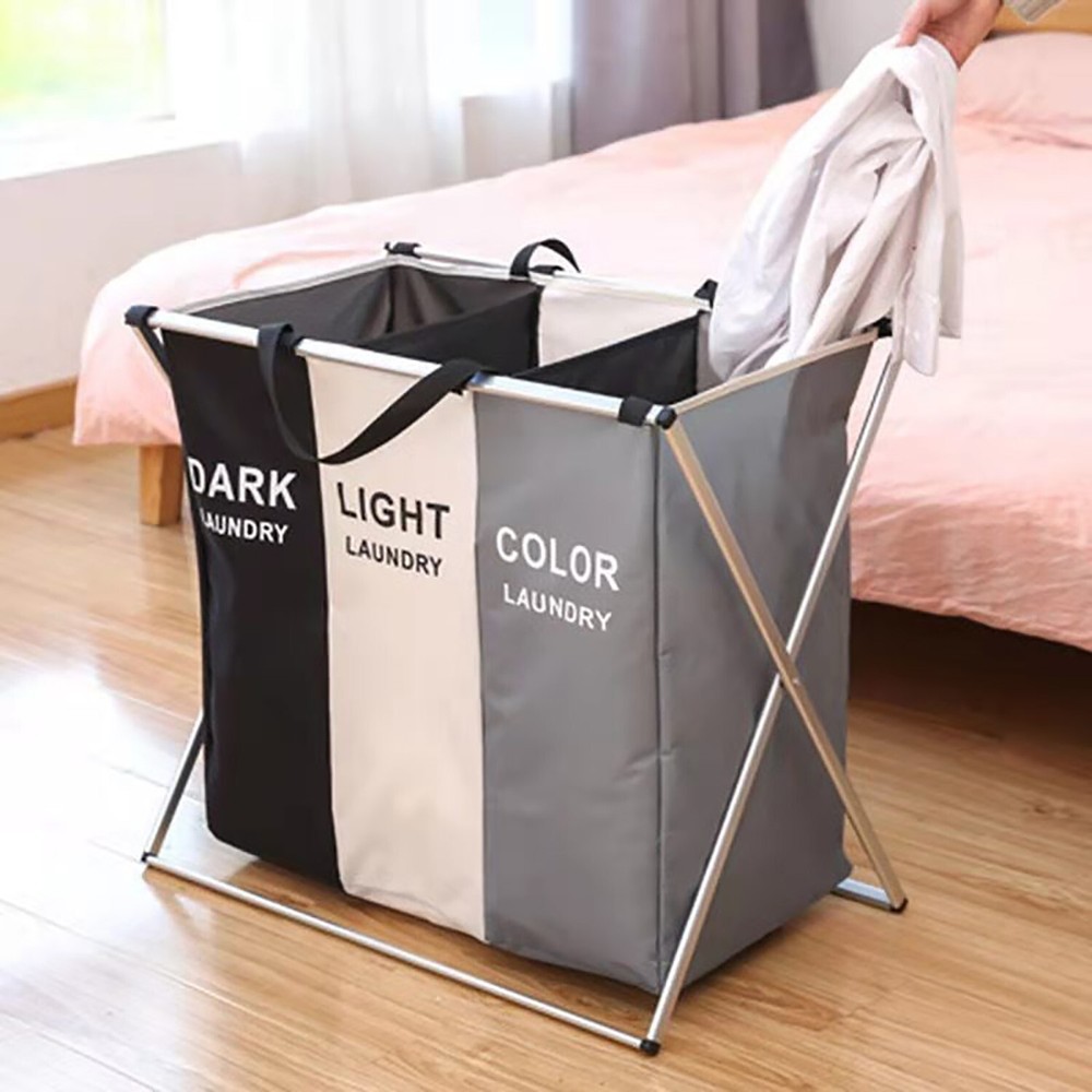Large Laundry Basket 3 Section Foldable Dirty Clothes Hamper Storage Sorter Bag