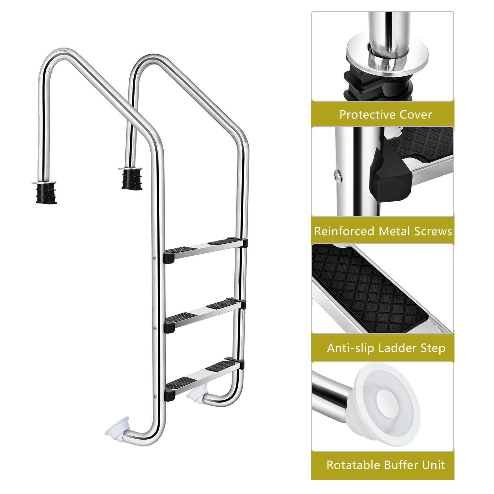 Costway Stainless Steel 3-Step Swimming Pool Ladder In-Ground w/ Anti-Slip Step