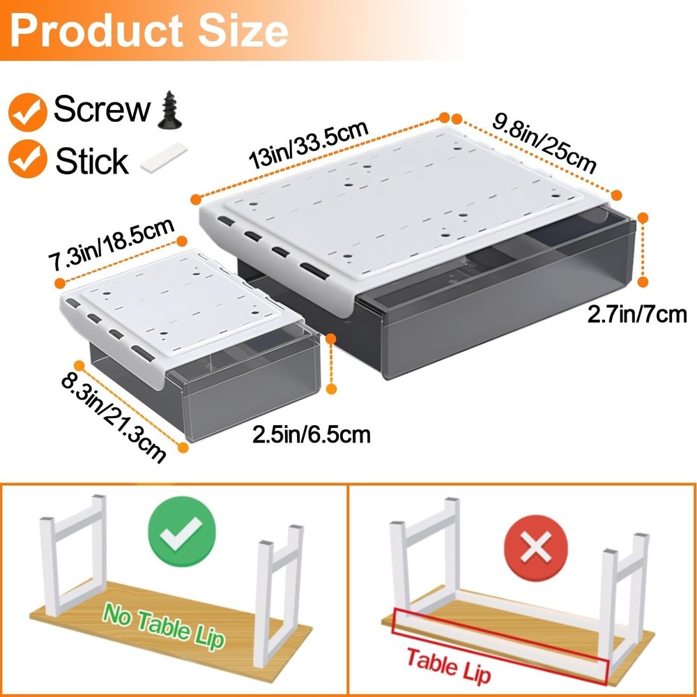 Under Desk Table Drawer Storage Organizer,2 Pack Large & Small Attachment Des...
