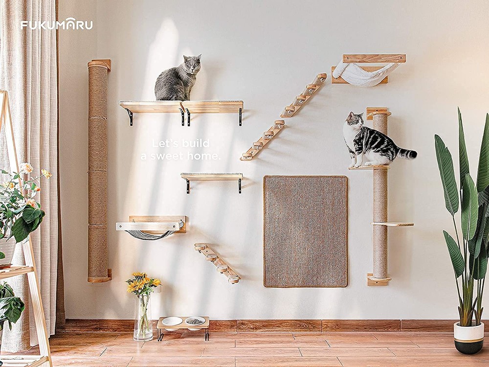 Cat Activity Tree with Scratching Posts, Wall Mounted Jute Scratcher Pine Ham...