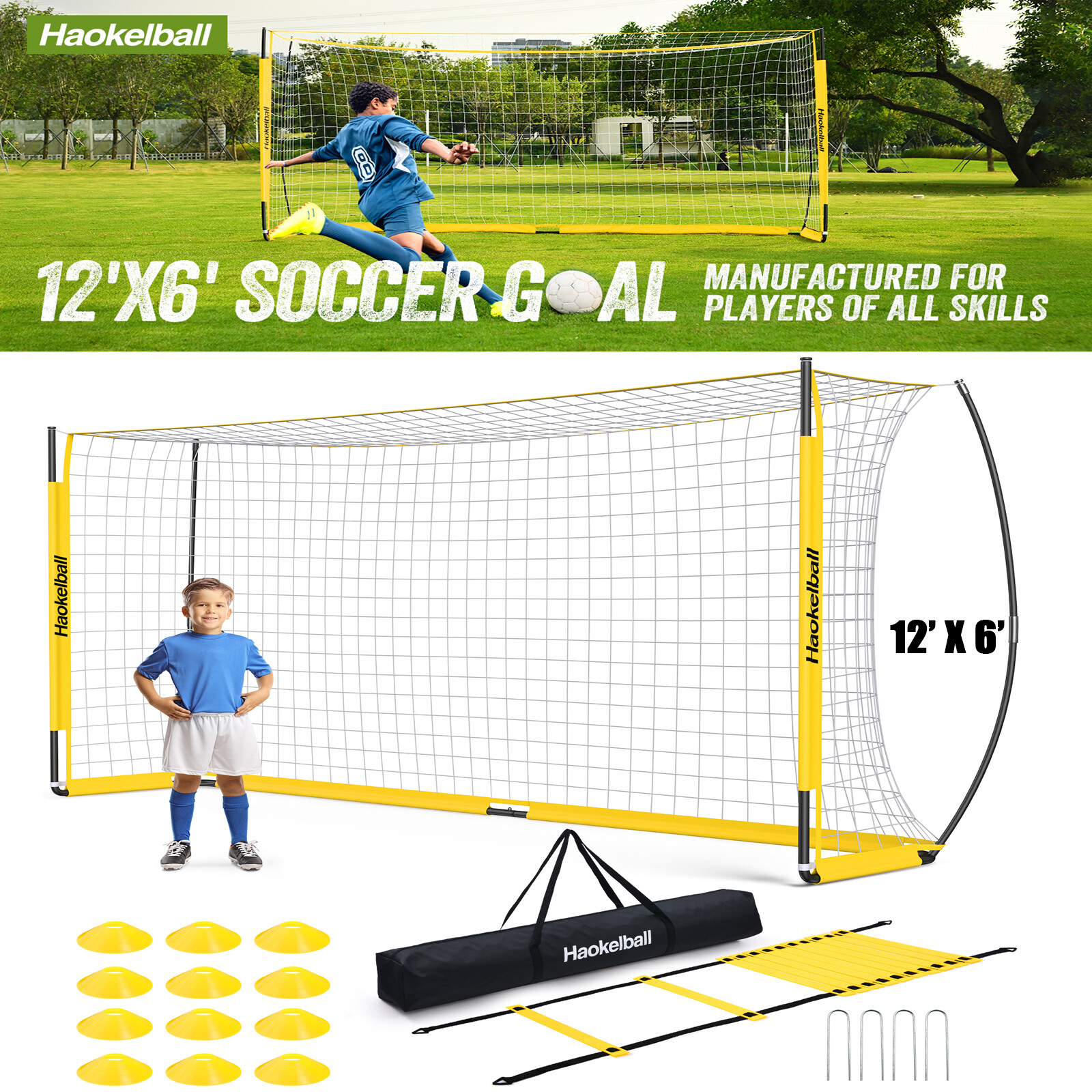 Portable Soccer Goal Net for Teens Adults 12x6FT Soccer Net with Ladder 12 Cones