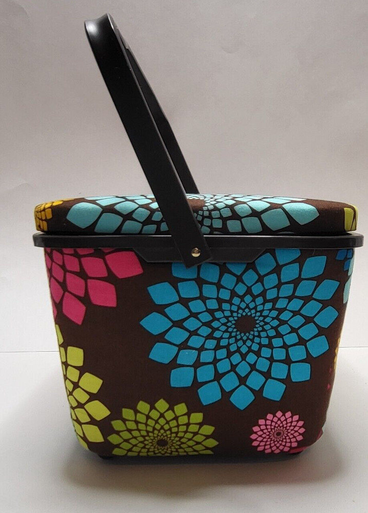 Sewing Basket Storage Case & Tray Insert Floral Abstract Brown with Hook Closure