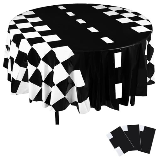 3 Pcs Plastic Racing Party Round Tablecloths Checkered Flag Table Covers Black