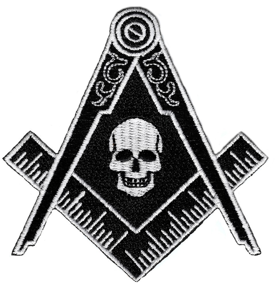 BLACK MASONIC SKULL LOGO EMBROIDERED PATCH FREEMASON SQUARE COMPASS MASON
