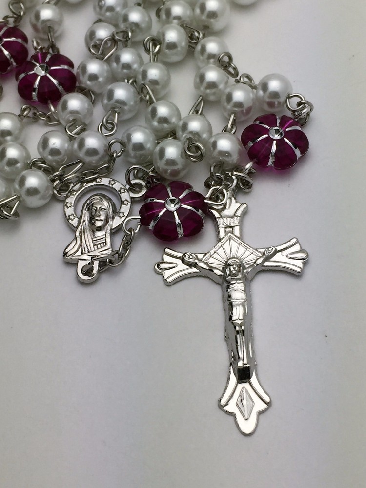 White Pearl and Purple Flower Catholic Rosary Beads