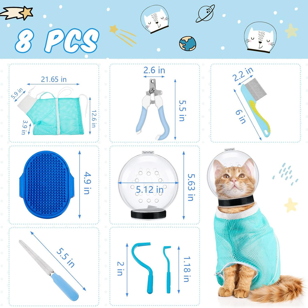 8 Pcs Cat Muzzle Set with Adjustable Cat Bathing Bag Breathable Clear Muzzle Pet