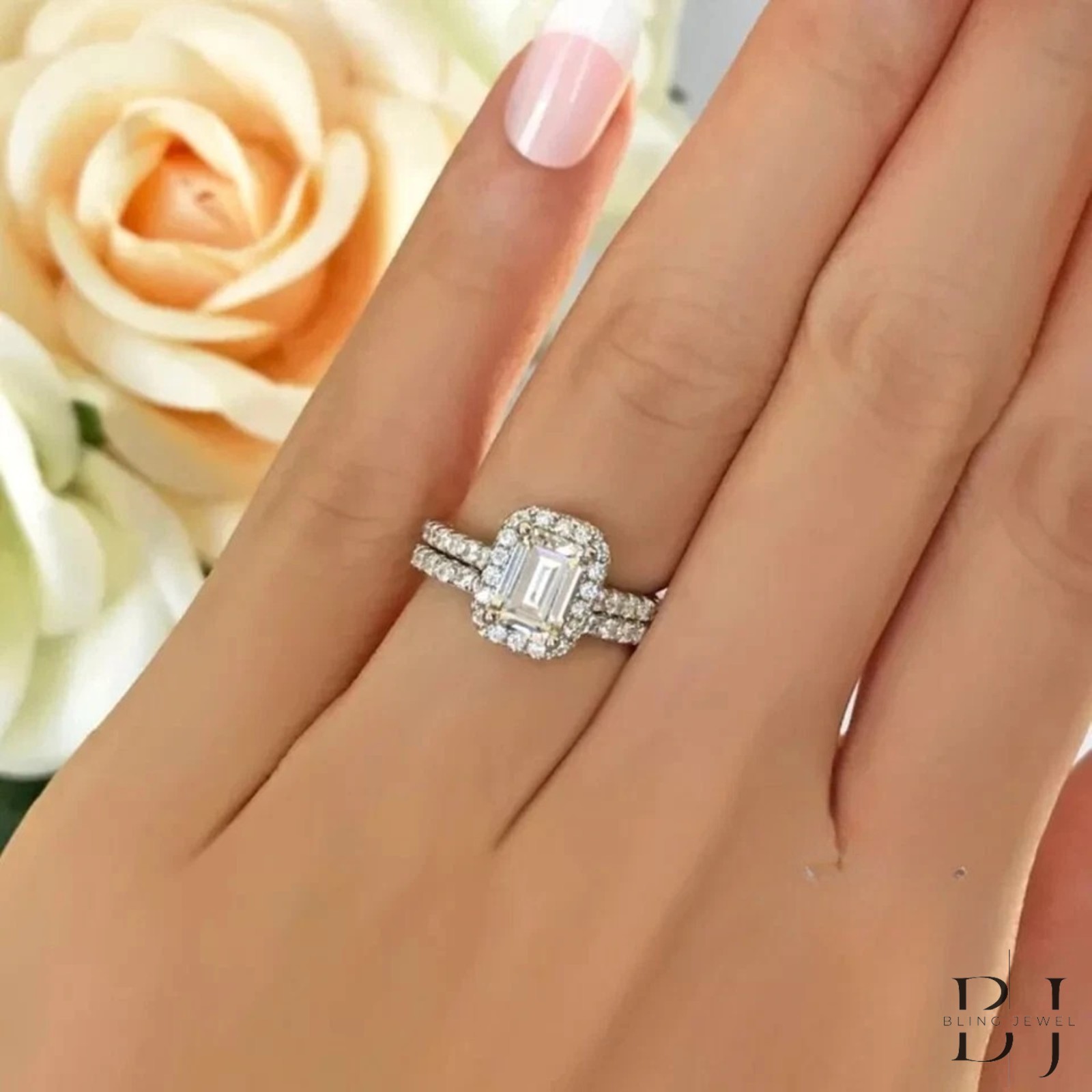 2.50 Emerald Cut Halo Moissanite Wedding Bridal Ring Set Solid 14K White Gold