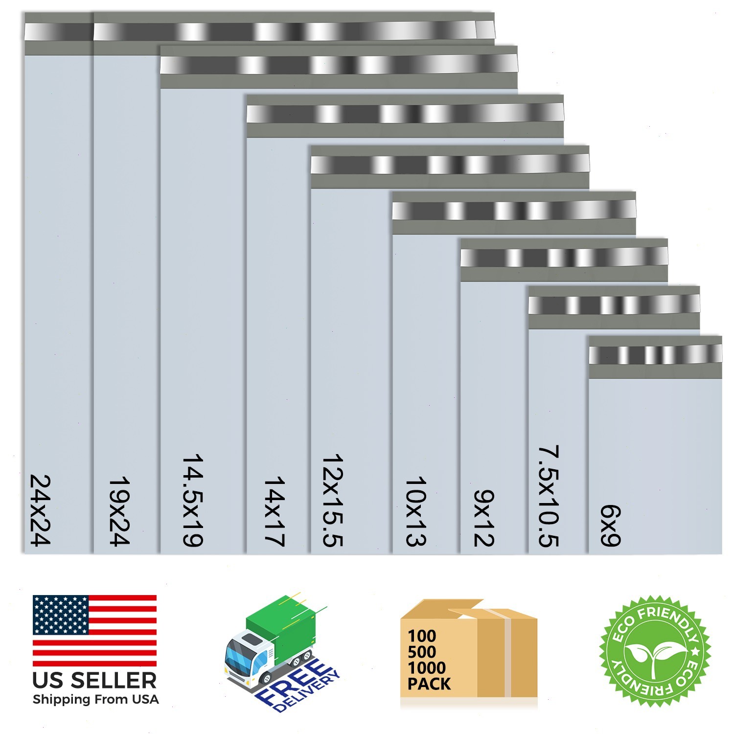 Poly Mailers Shipping Bags - 6x9 7.5x10.5 9x12 10x13 12x15.5 14x17 19x24 24x24