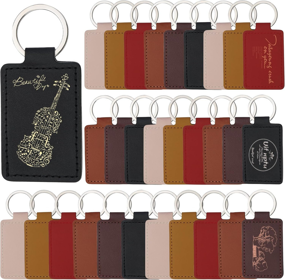 30 Pcs Leather Key Fob Kit, Rectangular Leather Keychain Blanks with Keychain Ri