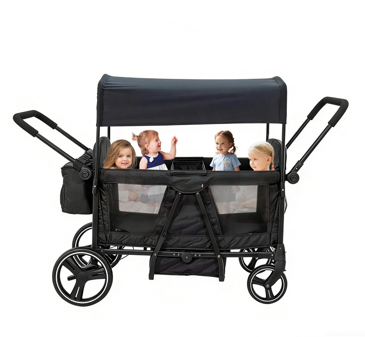 Wagon Stroller for 4 kids Lightweight folding baby stroller&with Mom's bag Black