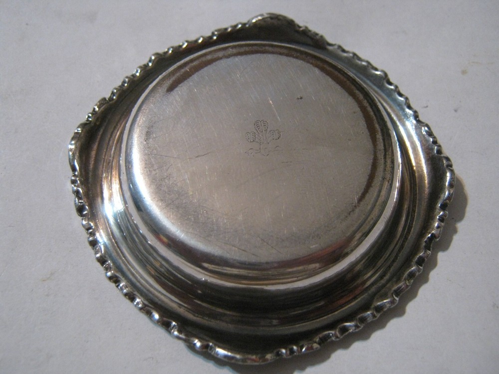 Small 3.25" Silver on Copper Coaster w/ Gadroon Border, 3 Feathers Mark, Webster