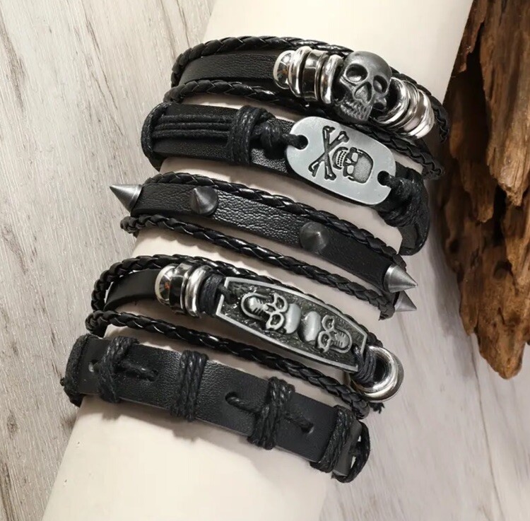 5 PC Leather Punk Bracelet Stackable Adjustable Tie New Free Ship B2659