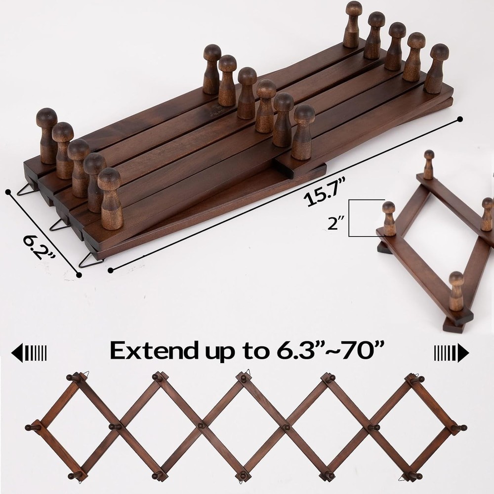 Expandable 16-Hook Wall Hat Rack - Rustic Wooden Organizer for Coats & Caps