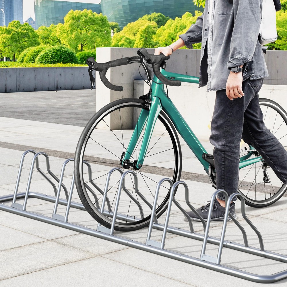 Bicycle Floor Parking Stand Adjustable Storage for 5 Bikes Silver
